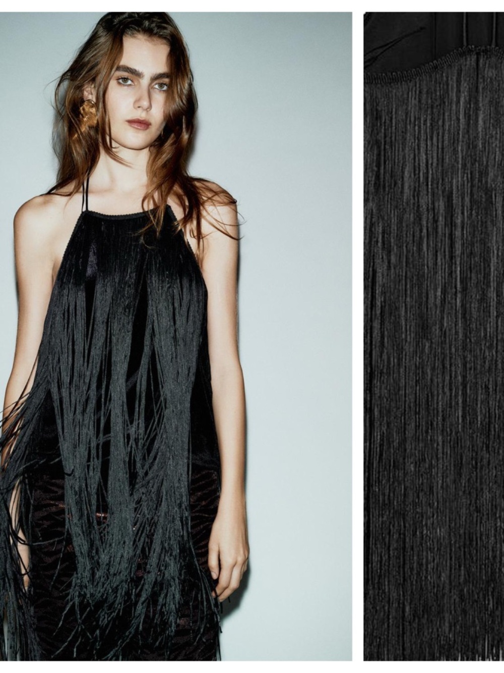 NWT. Zara Black Velvet Halter Top with Fringes. Size L.